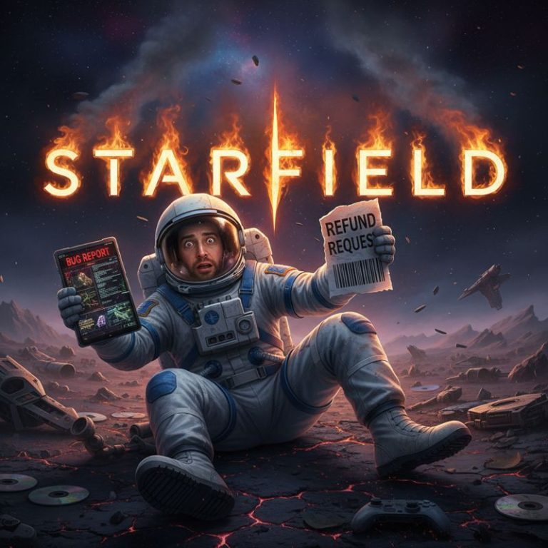버그와 환불 요청에 멘붕한 우주비행사가 앞에 있고 뒤에는 불타는 Starfield 로고