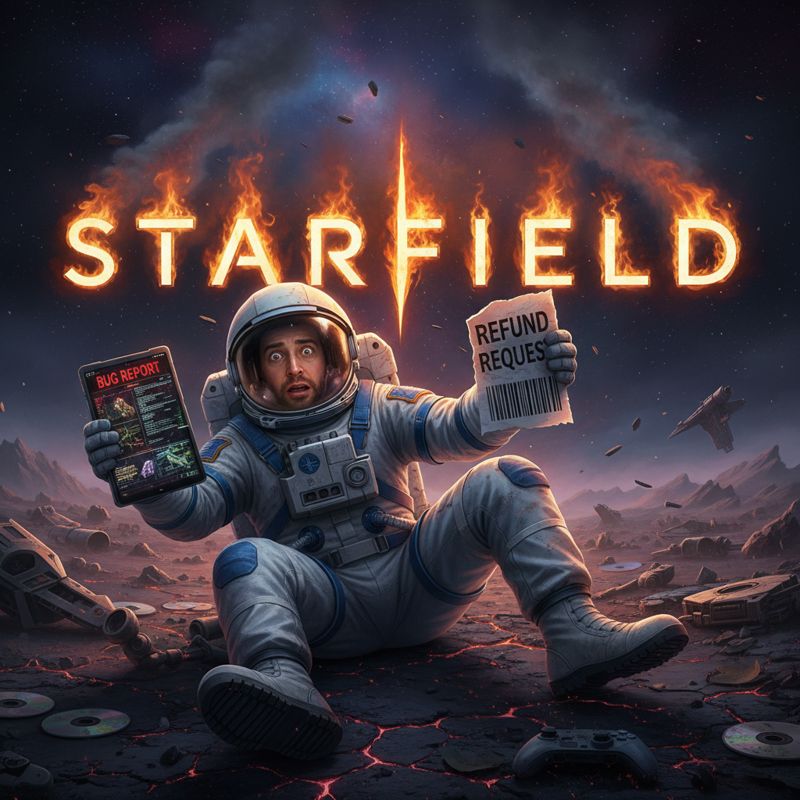 버그와 환불 요청에 멘붕한 우주비행사가 앞에 있고 뒤에는 불타는 Starfield 로고