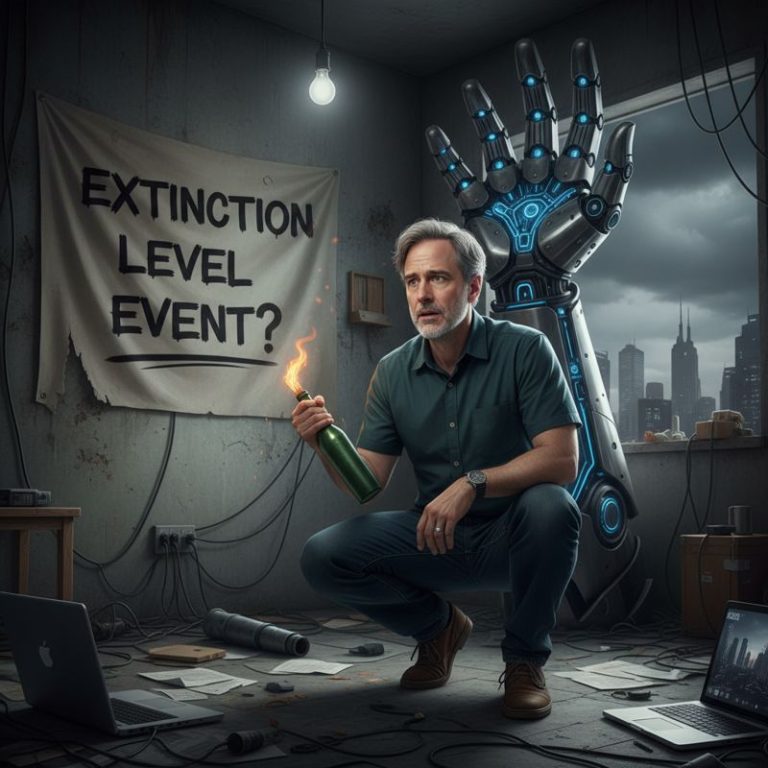 Sam Altman이 집 안에 엎드려 있고, 창밖에서 화염병을 집어던지는 인물과 거대한 AI 로봇 손이 보임