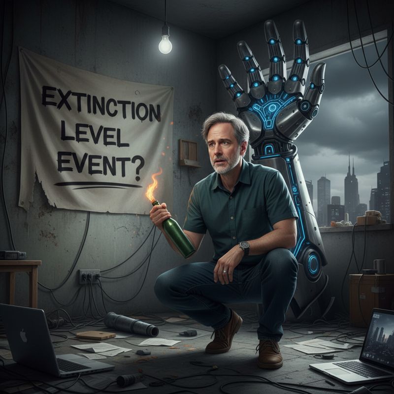 Sam Altman이 집 안에 엎드려 있고, 창밖에서 화염병을 집어던지는 인물과 거대한 AI 로봇 손이 보임