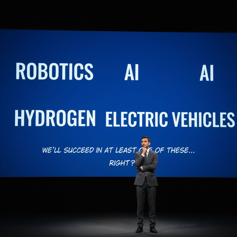 현대차 임원들이 로봇, AI, 수소 등 키워드를 화이트보드에 적으며 자신만만해하는 모습