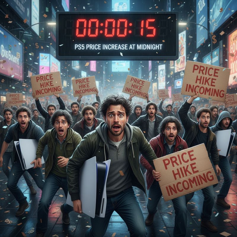 가격 인상 직전 PS5를 사려고 몰려드는 게이머들과 급박한 분위기를 보여주는 시계