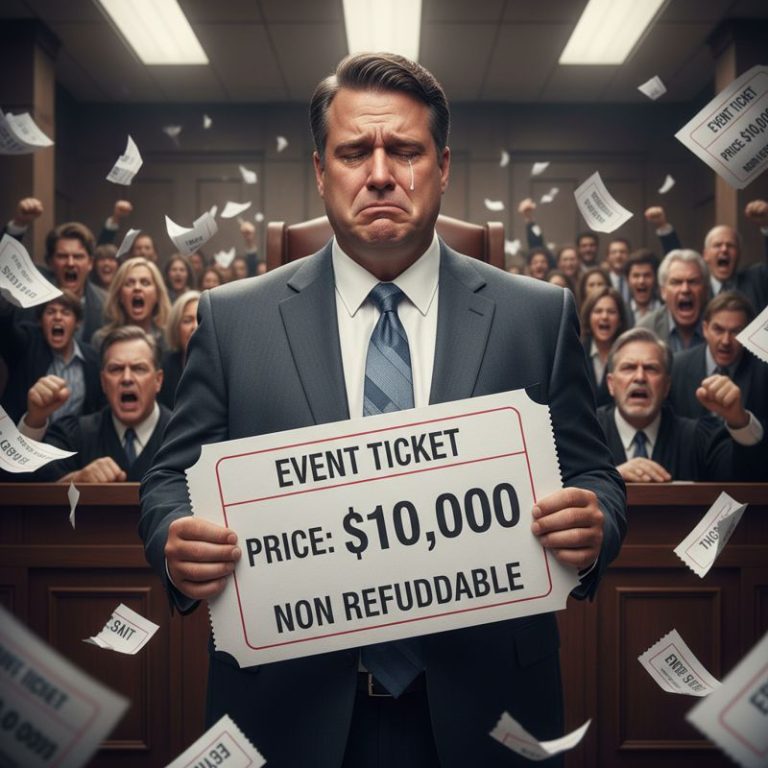 법정에서 티켓 가격표를 든 거대 기업 CEO와 화난 관객들