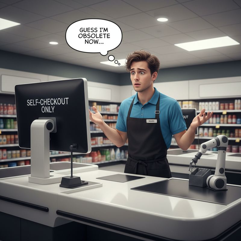 현대 무인매장에서 AI 계산기가 일하는 모습에 실직 위기를 느끼는 점원