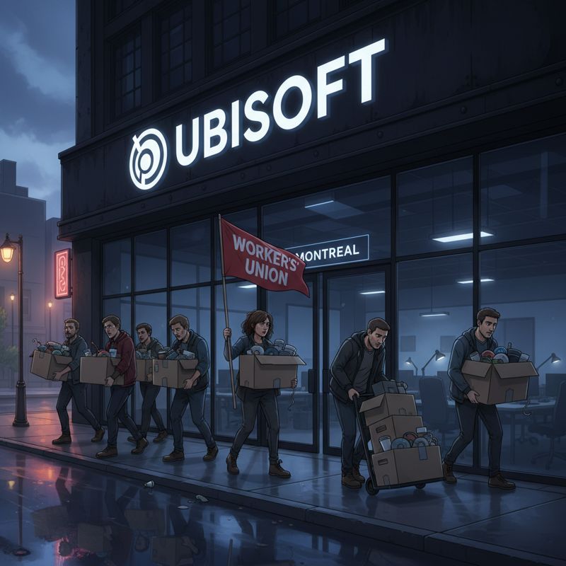 Ubisoft 로고 아래에서 해고된 개발자들이 상자를 들고 떠나는 장면, 한 명은 노조 깃발을 들고 있다.