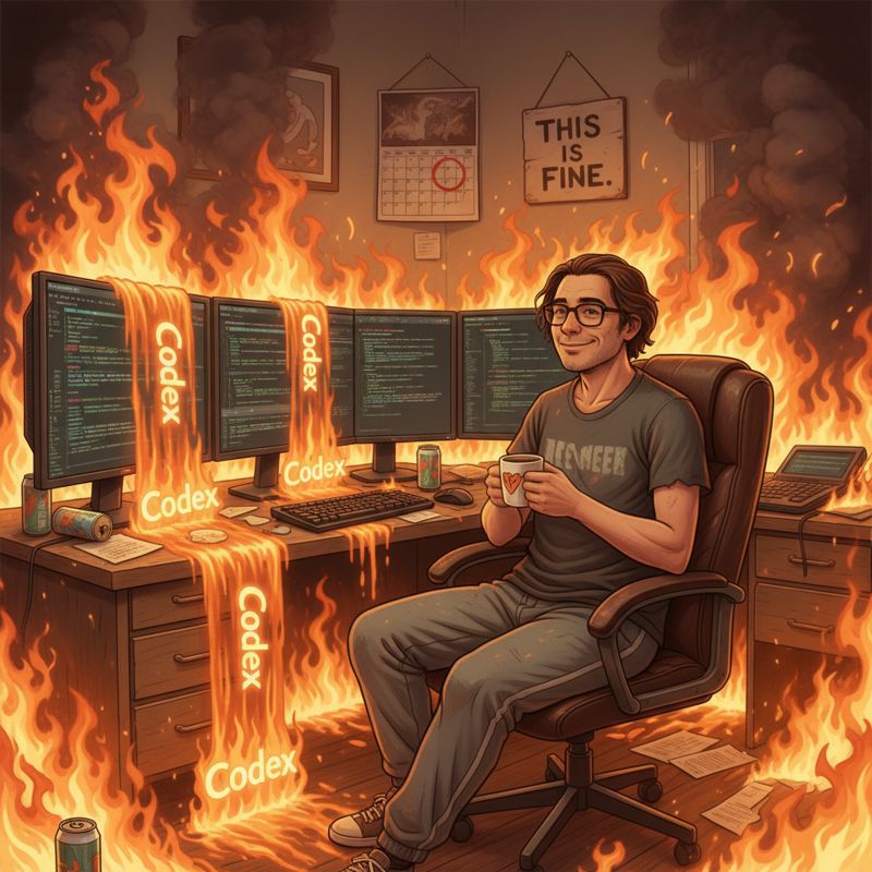 개발자가 컴퓨터 앞에 앉아있고, Codex 로고가 책상 위 사방으로 쏟아지는 모습