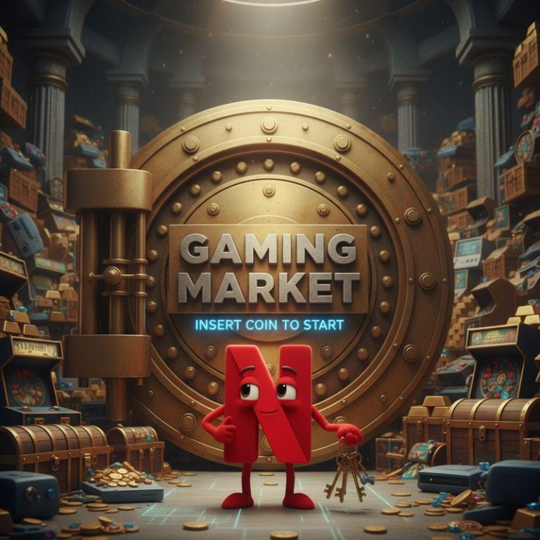 금고 앞에서 게임 시장을 노리는 넷플릭스 캐릭터 일러스트