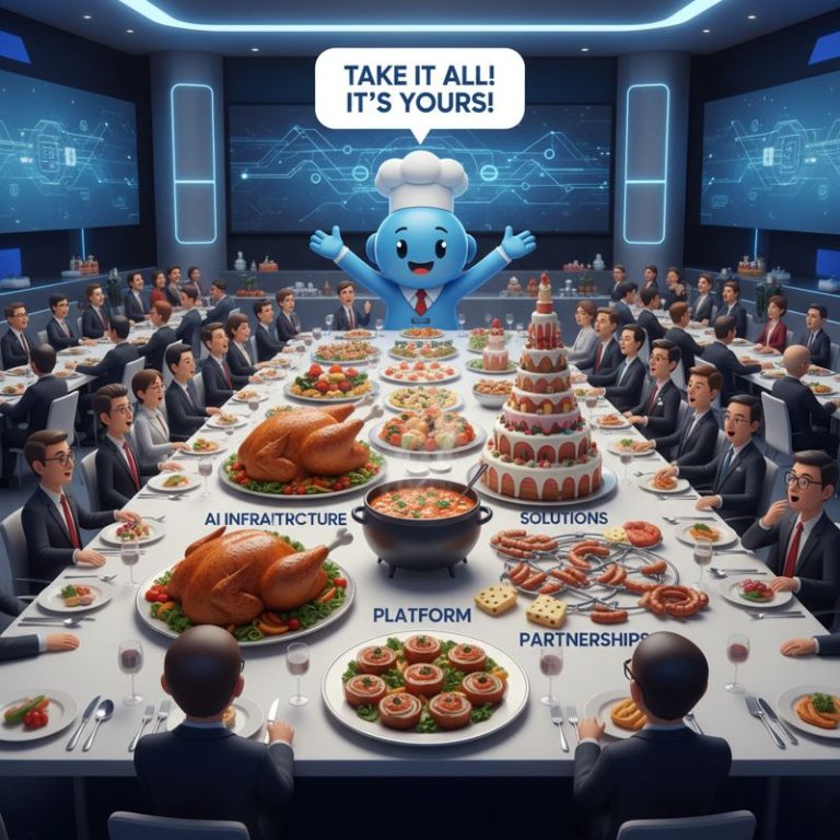 여러 AI 관련 용어로 가득 차려진 만찬상 앞에서, 삼성SDS 캐릭터가 기업 손님들에게 모든 것을 제공하겠다며 강조하는 모습