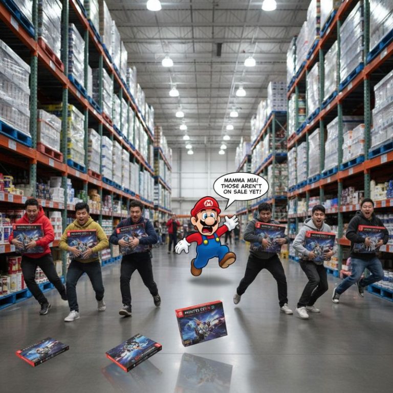 코스트코에서 Switch 2 게임을 팔고, 게이머들이 급하게 박스를 사 들고 나가는 모습. 충격받은 마리오.
