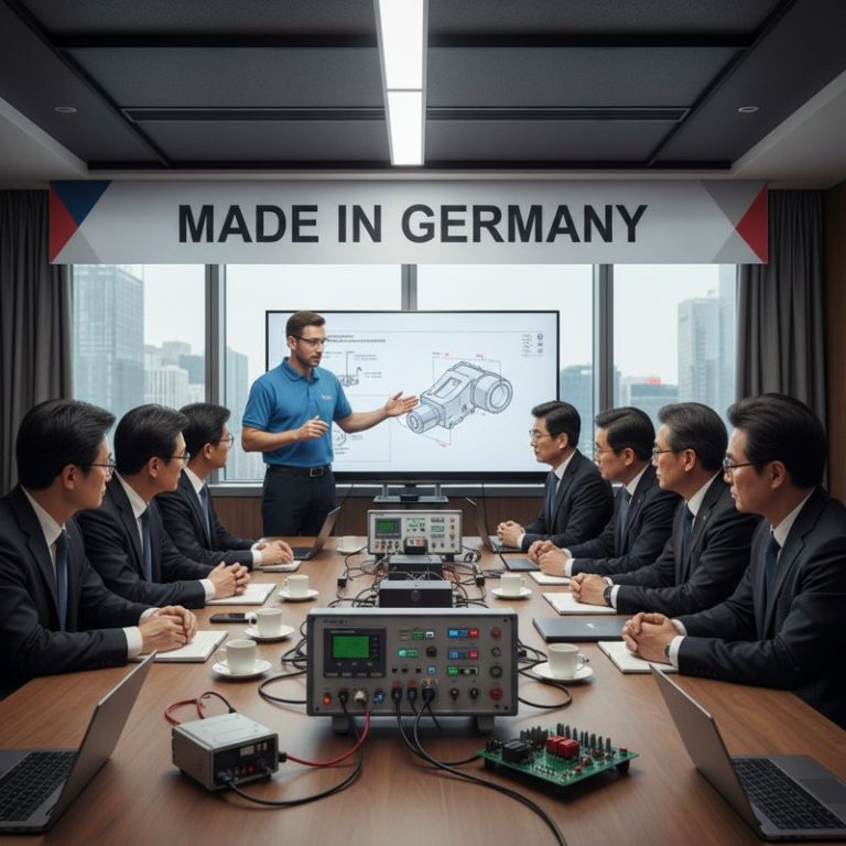 한국 자동차 업계 경영진이 독일 소프트웨어 기업의 시연을 지켜보는 모습