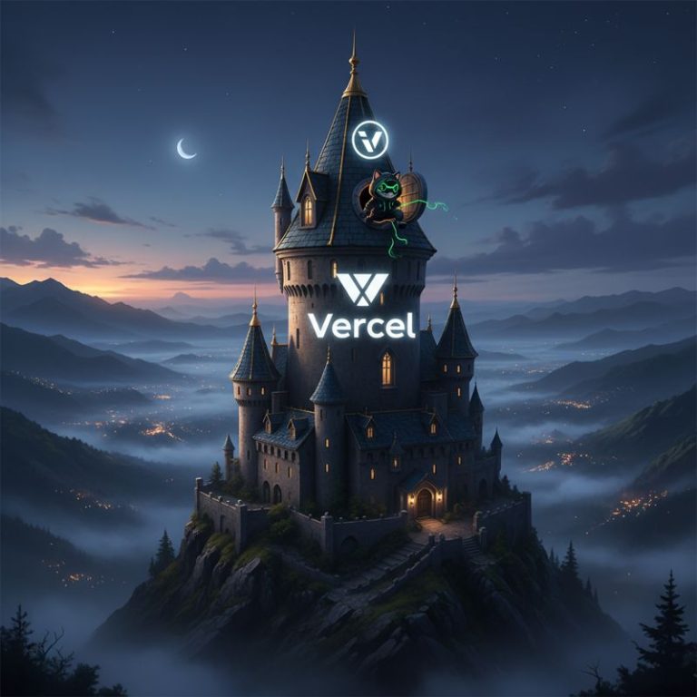 해커 복장의 고양이가 성에 숨어 들어가는 모습