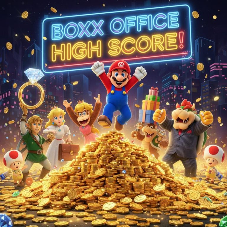 마리오가 박스오피스 고득점에 환호하며 금화 더미 위에서 점프하는 모습