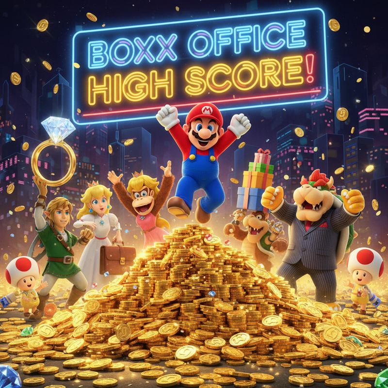 마리오가 박스오피스 고득점에 환호하며 금화 더미 위에서 점프하는 모습