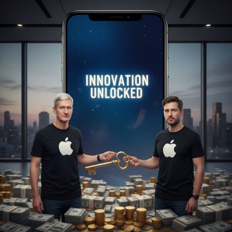 팀 쿡이 존 터너스에게 황금 열쇠를 넘기면서 뒤에 아이폰과 돈이 쌓여 있다.