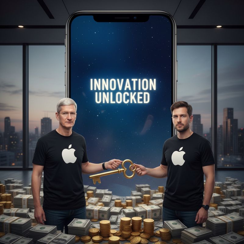 팀 쿡이 존 터너스에게 황금 열쇠를 넘기면서 뒤에 아이폰과 돈이 쌓여 있다.