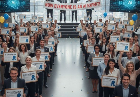 AI 수료증을 들고 줄지어 선 직원들과 그들을 바라보며 축하하는 경영진