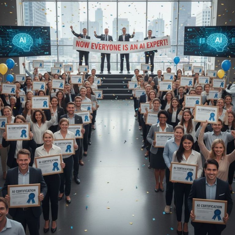 AI 수료증을 들고 줄지어 선 직원들과 그들을 바라보며 축하하는 경영진