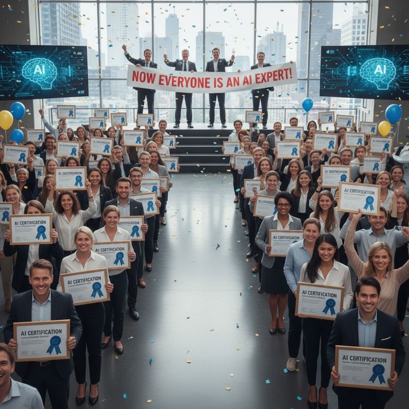 AI 수료증을 들고 줄지어 선 직원들과 그들을 바라보며 축하하는 경영진