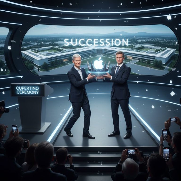 팀 쿡이 애플 로고 왕관을 존 터너스에게 넘기며 미소 짓는 모습