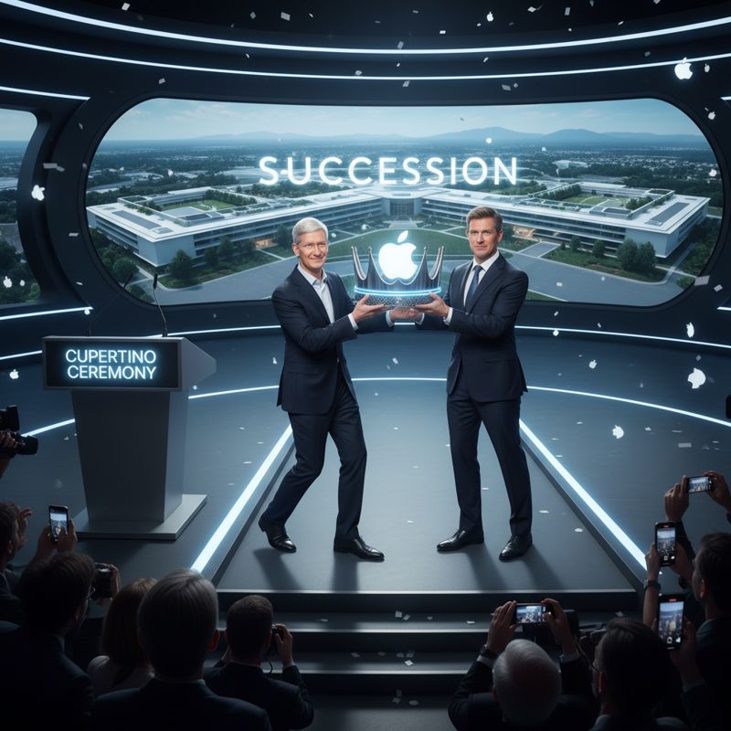 팀 쿡이 애플 로고 왕관을 존 터너스에게 넘기며 미소 짓는 모습