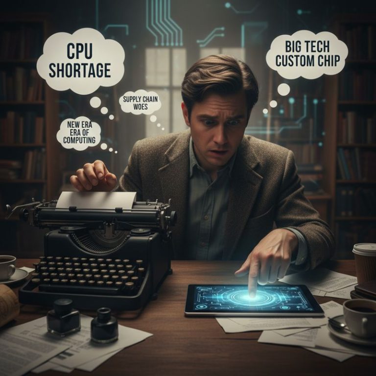 혼란스러워하는 사람이 구식 타자기와 최신 태블릿 사이에서 갈팡질팡하는 모습, 주변엔 CPU와 자체 칩 관련 용어 풍선.