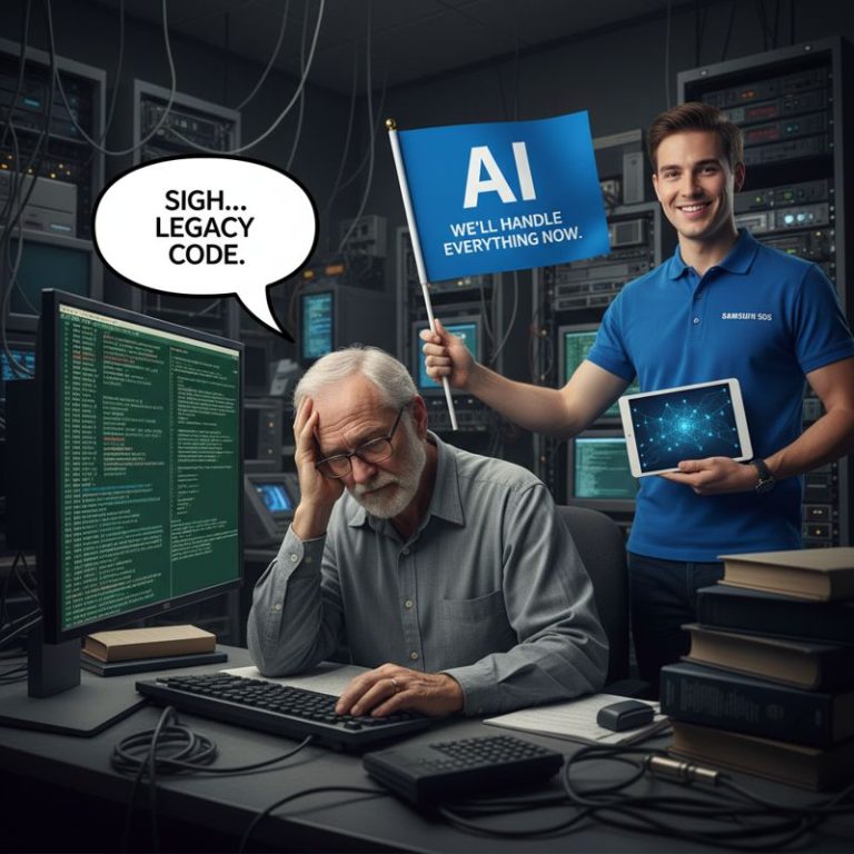 지친 개발자가 레거시 코드를 보고 한숨 쉬고, 옆에선 'AI' 깃발 든 삼성SDS 직원이 해결책을 외치는 모습