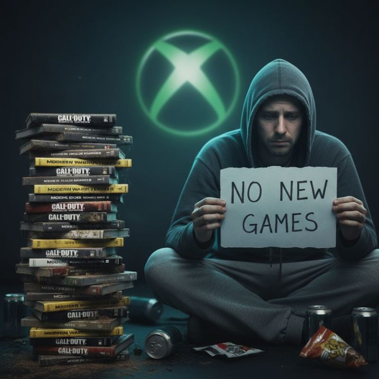 콜 오브 듀티 구작을 바라보며 시무룩한 표정의 Xbox 게이머