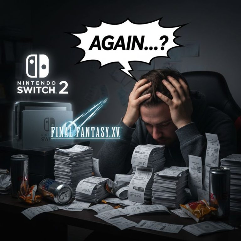 게이머가 구독권 청구서 앞에서 멍한 표정으로 Switch 2와 파판14 로고를 바라보는 모습