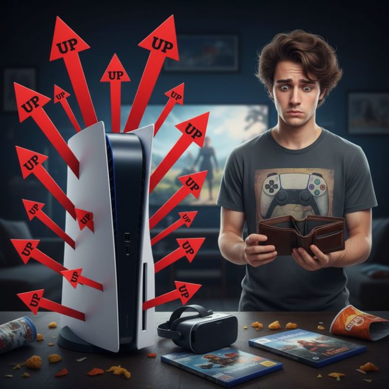 PS5 가격 인상에 충격 받은 게이머와 상승 화살표