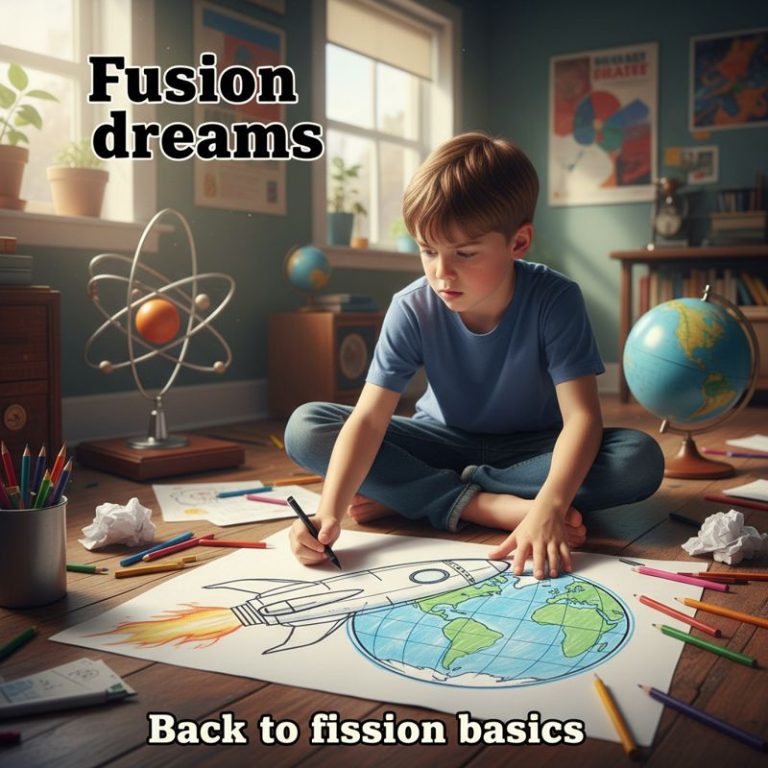 꿈에 그리던 로켓을 그리다 지구본으로 바꿔 그리는 소년의 모습, 'Fusion dreams'와 'Back to fission basics'라는 자막 포함.