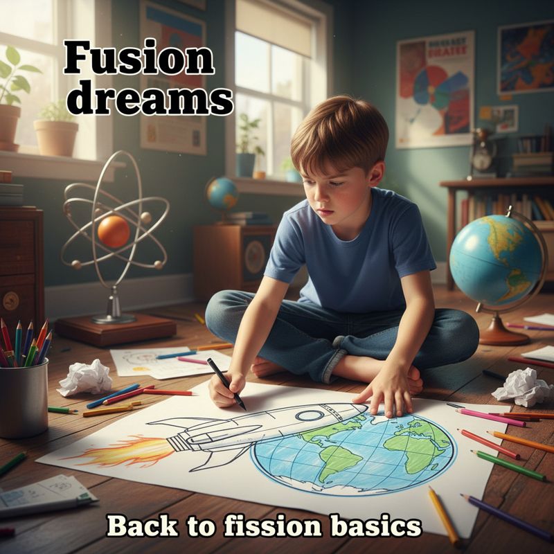 꿈에 그리던 로켓을 그리다 지구본으로 바꿔 그리는 소년의 모습, 'Fusion dreams'와 'Back to fission basics'라는 자막 포함.