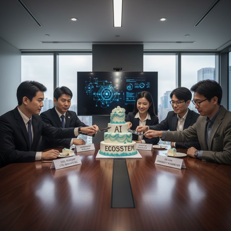 여러 업계 대표가 모여 AI 생태계라는 케이크를 분배하는 모습