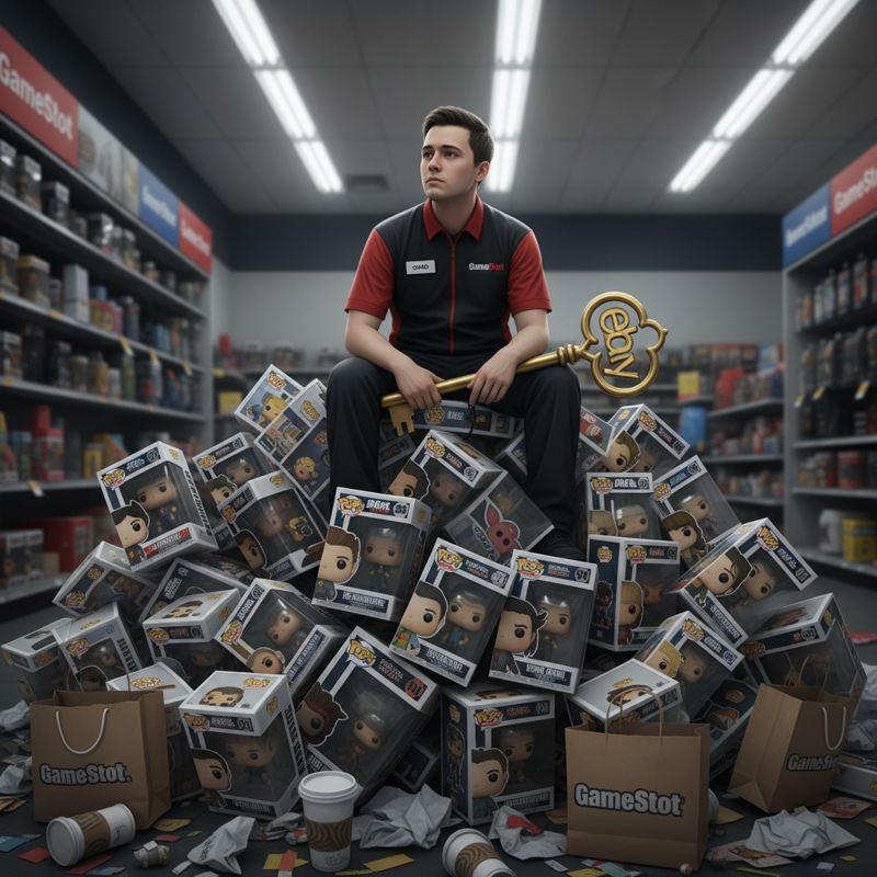 수많은 팝 피규어 박스 더미 위에서 GameStop 직원이 eBay 로고 열쇠를 들고 있다