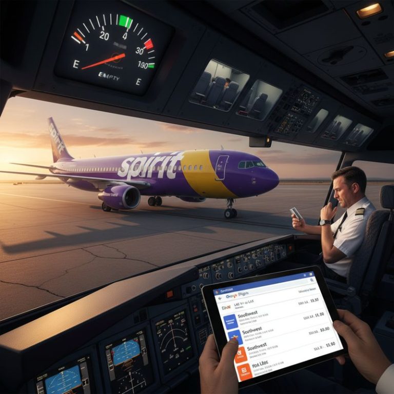 연료가 바닥난 Spirit Airlines 비행기와 항공권 검색하는 조종사