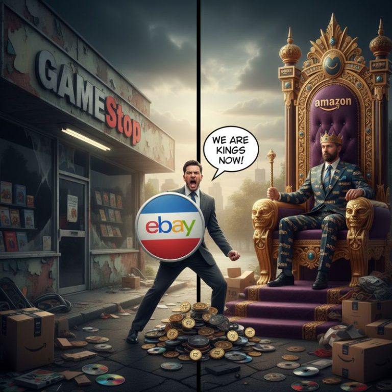작은 게임스톱 매장과 큰 아마존 왕좌 옆에서, 게임스톱 CEO가 eBay 방패를 들고 왕관을 노리는 모습