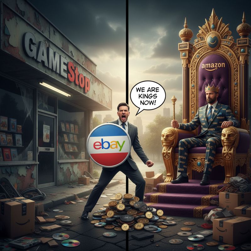 작은 게임스톱 매장과 큰 아마존 왕좌 옆에서, 게임스톱 CEO가 eBay 방패를 들고 왕관을 노리는 모습