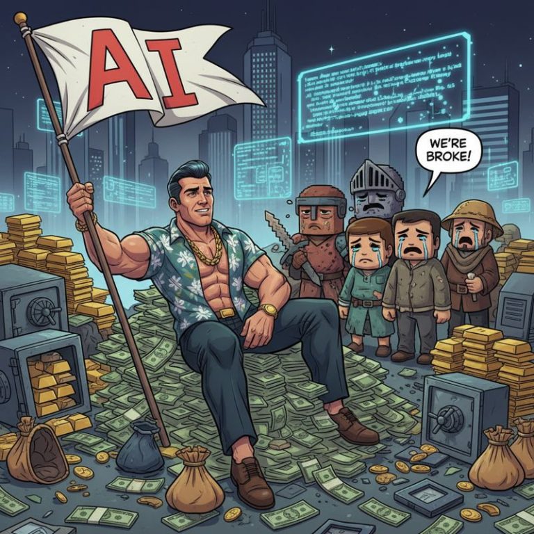 GTA 주인공이 돈더미 위에서 AI 깃발을 꽂는 장면, 인디 게임 캐릭터들은 뒤에서 울고 있음