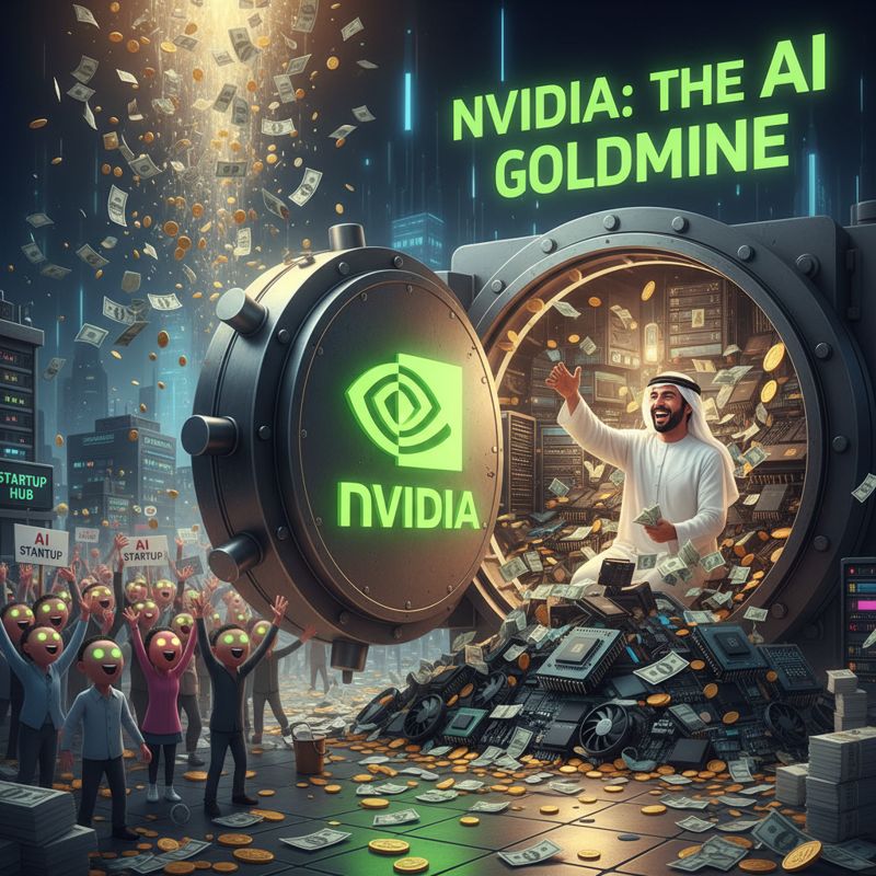 Nvidia 로고 금고에서 AI 스타트업들에게 돈을 뿌리는 풍자적 그림