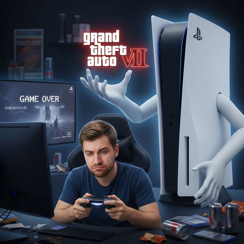 울고 있는 PS4 게이머와 옆에서 GTA 6 로고를 들고 유혹하는 PS5