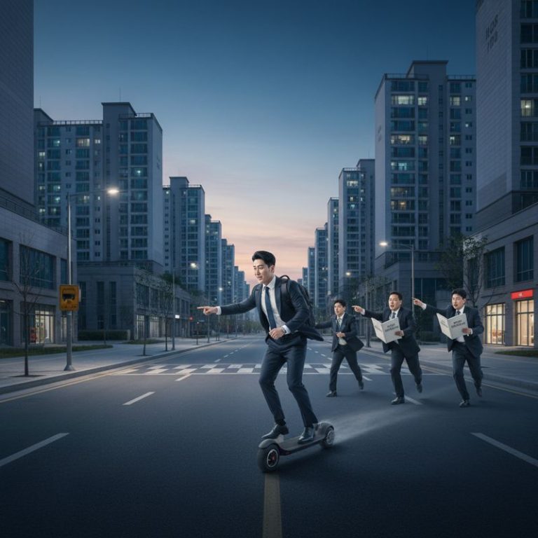 신도시 도로 한복판, 전동킥보드 탄 직장인 앞엔 텅 빈 버스정류장, 뒤엔 규제책자든 공무원 셋이 뛰어오는 모습