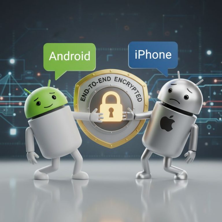 파란 말풍선을 든 iPhone과 초록 말풍선을 든 Android가 보안 방패 위에서 억지로 악수함