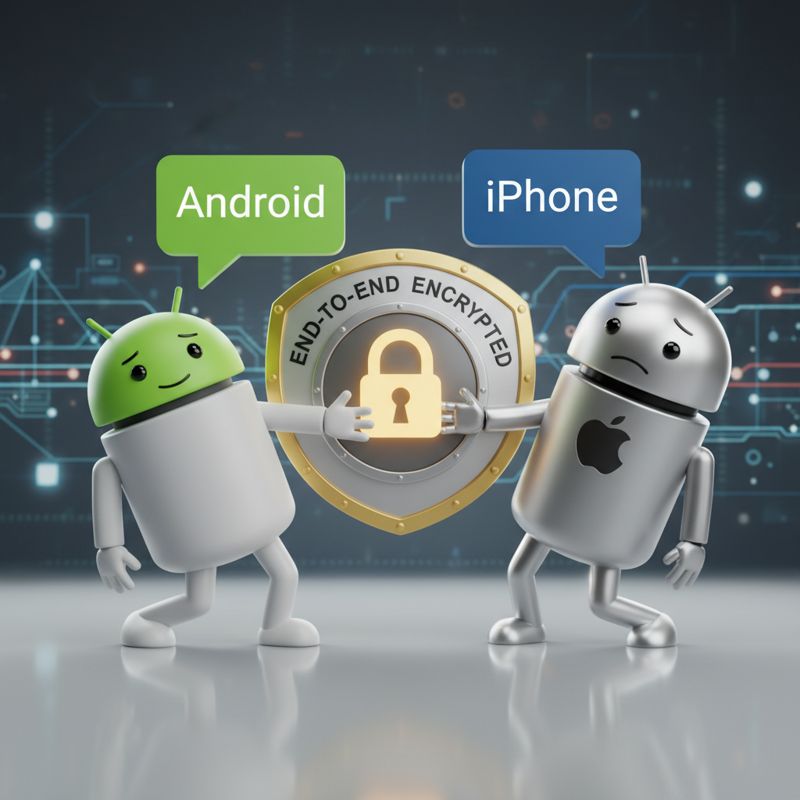 파란 말풍선을 든 iPhone과 초록 말풍선을 든 Android가 보안 방패 위에서 억지로 악수함