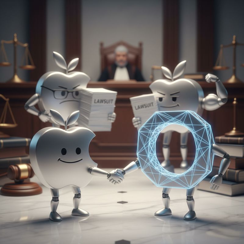 애플 로고와 OpenAI 로고가 악수하는 척 하며 뒤로 소송서류를 숨기고 있는 모습