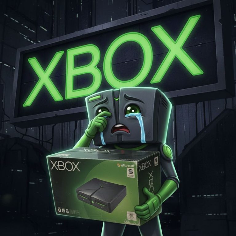 2001년 Xbox 콘솔을 들고 향수를 느끼는 현대 Xbox 캐릭터, "XBOX" 대문자 로고가 강조된 모습