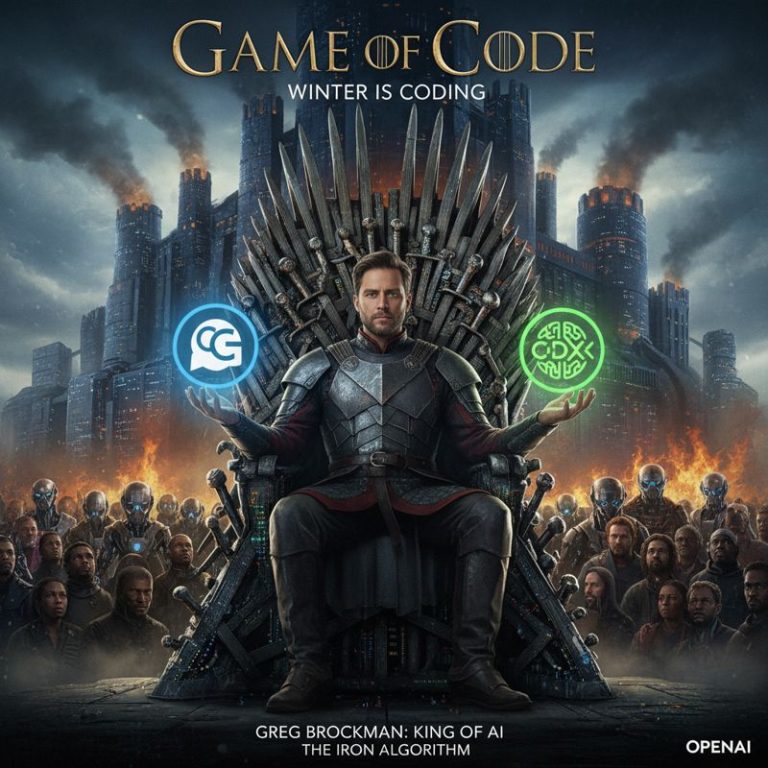 왕좌에 앉아 ChatGPT와 Codex 로고를 든 Greg Brockman의 풍자 이미지