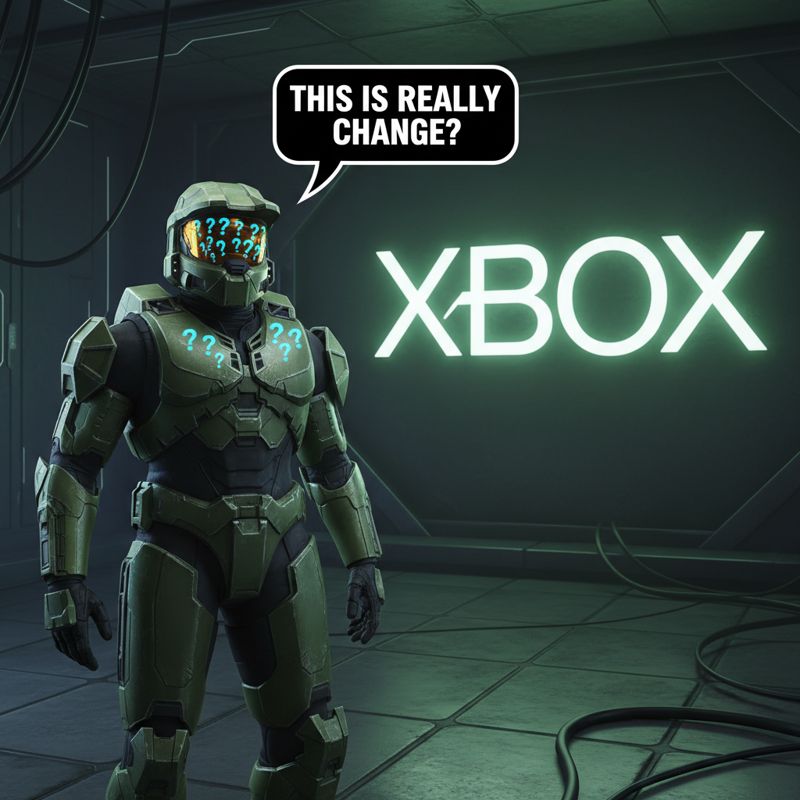XBOX 새 대문자 로고를 어리둥절하게 바라보는 마스터 치프