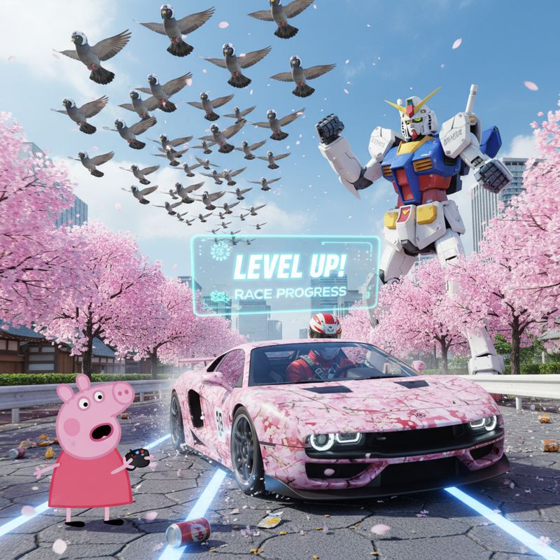 사쿠라가 만개한 도로에서 스포츠카와 비둘기, 건담, Peppa Pig가 뒤섞여 혼란한 이색 레이싱 장면