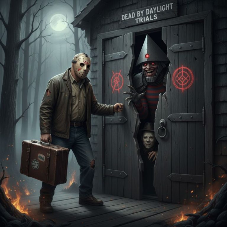 제이슨 부히스가 여행 가방 들고 Dead by Daylight 집 문을 두드리는 모습, 문 뒤에서 다른 살인마들이 놀란 얼굴로 지켜보고 있다.