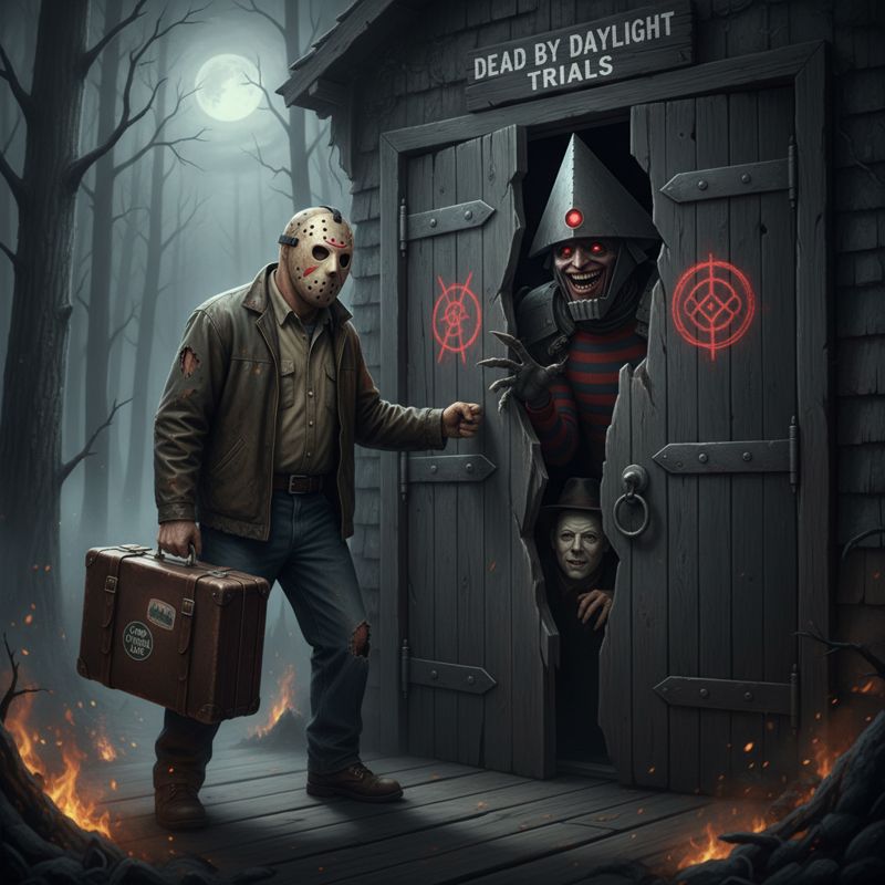 제이슨 부히스가 여행 가방 들고 Dead by Daylight 집 문을 두드리는 모습, 문 뒤에서 다른 살인마들이 놀란 얼굴로 지켜보고 있다.