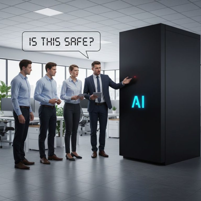 AI 로고 달린 거대한 블랙박스와 걱정스러운 얼굴의 사람들